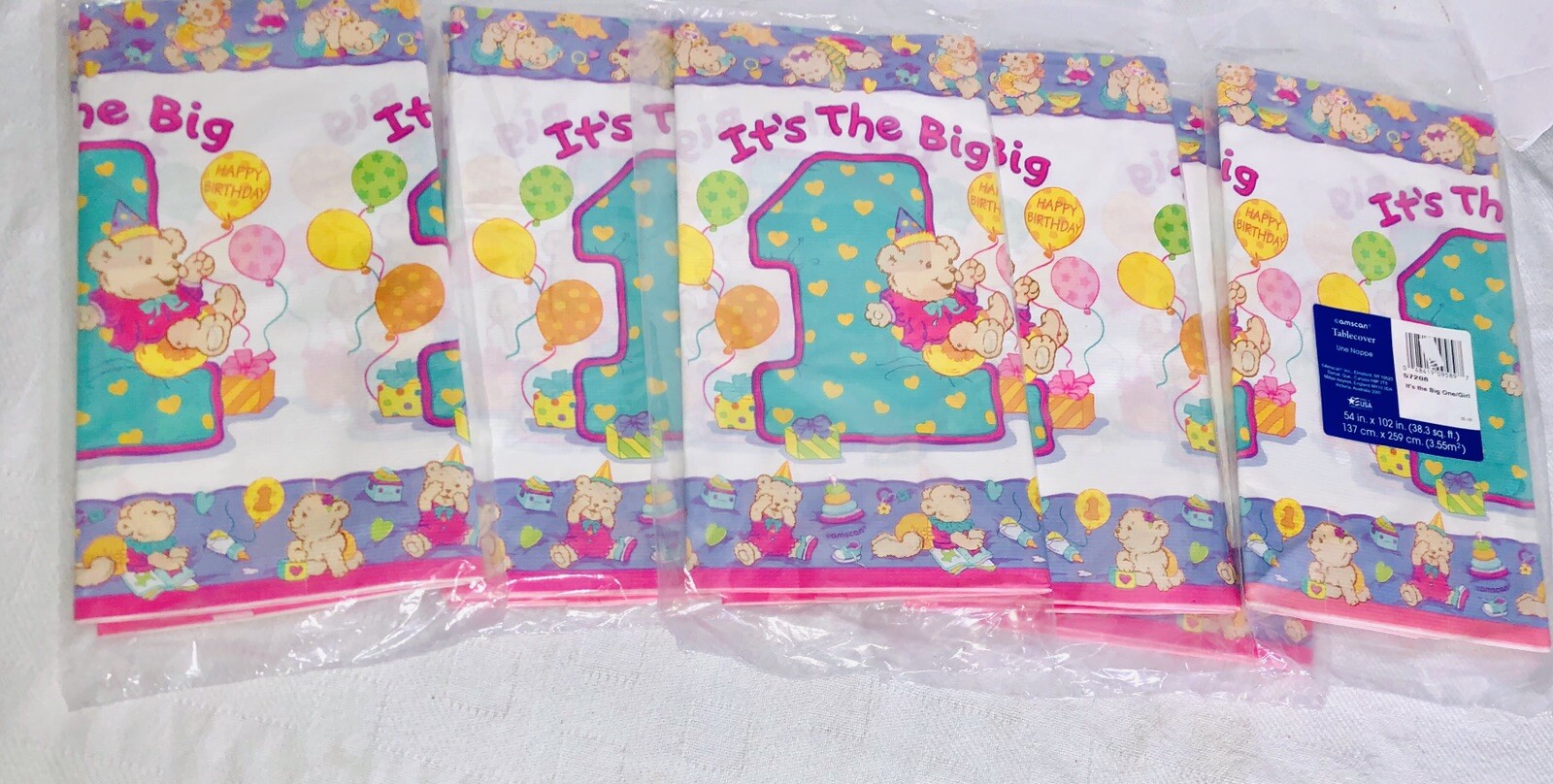 Vintage Bears First 1st Birthday Girl Party Table Cover Lot Of 6 54×102” Pastel