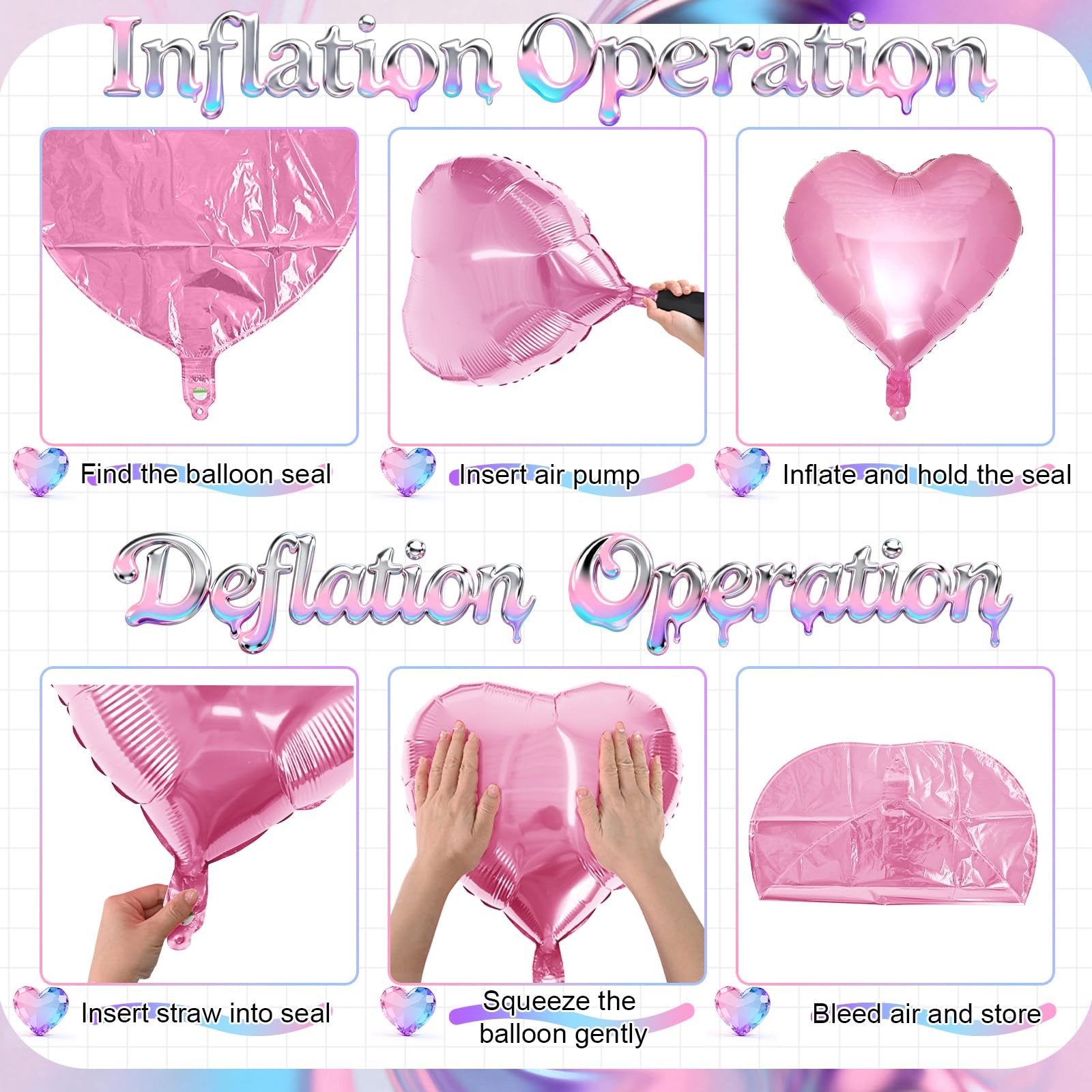 Pink Purple Iridescent Heart Balloons, 12 Pcs Light Pastel Pink Lavender and .