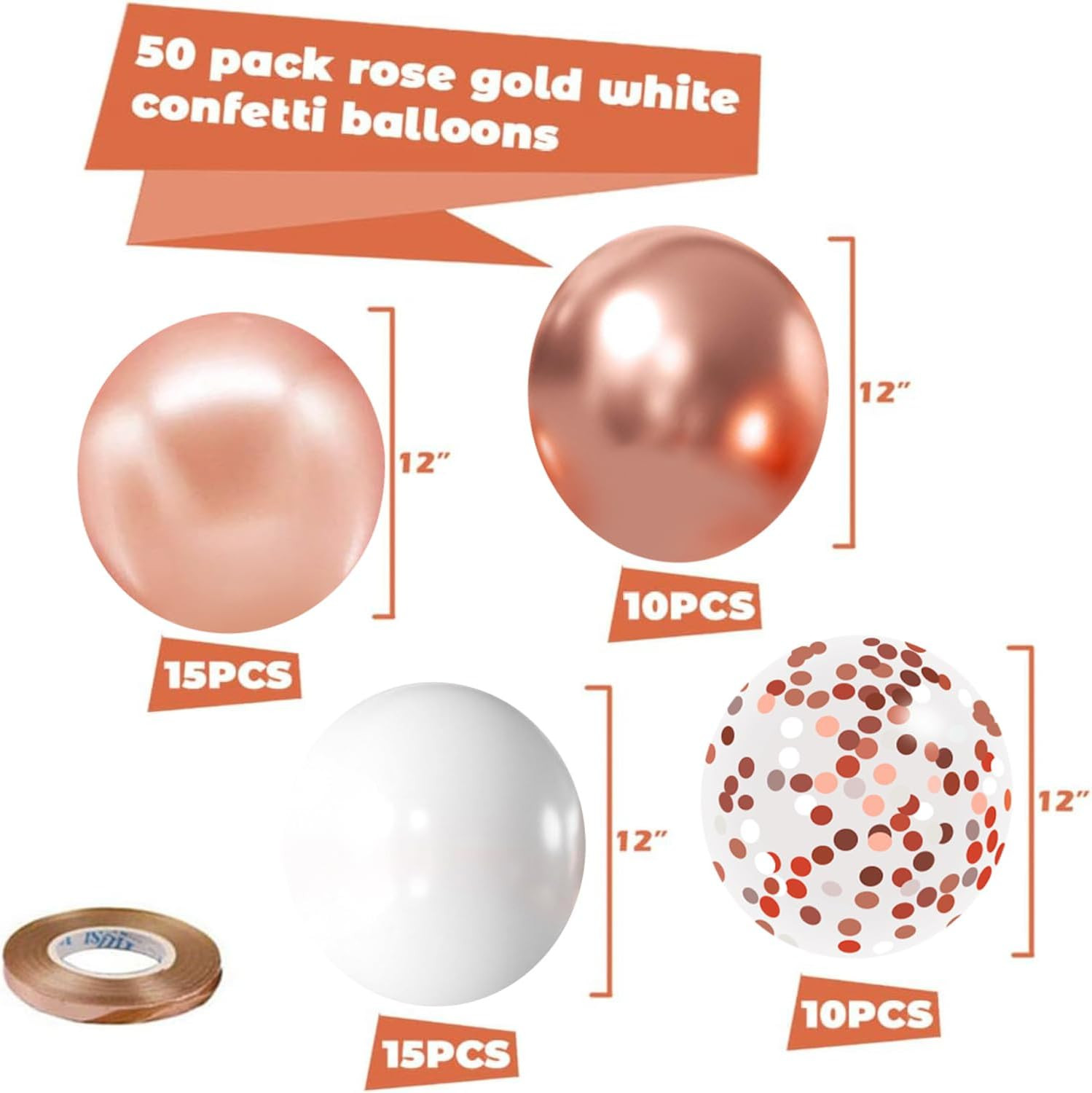 Rose Gold Confetti Balloons, 50 Pack 12 Inch White and Rose Gold Latex Balloons