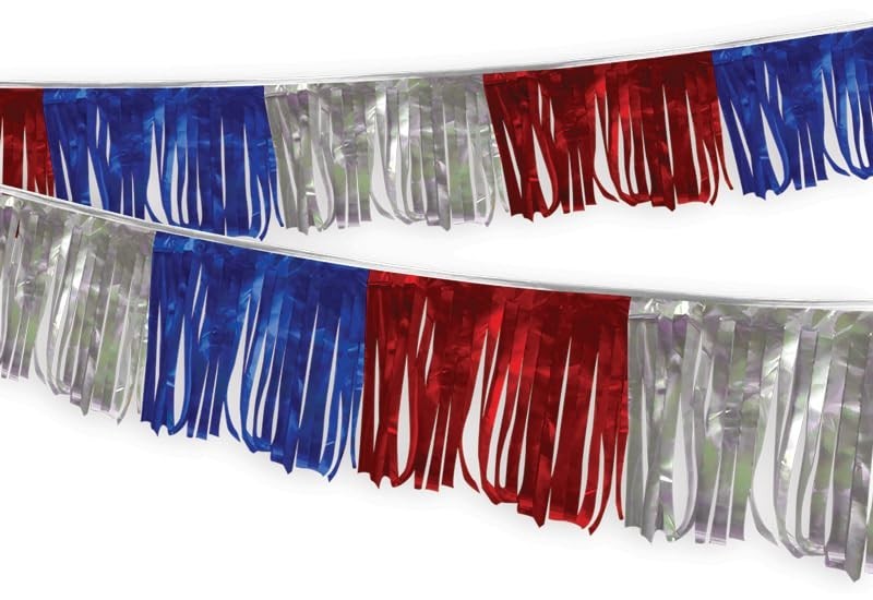 60 Ft Metallic Fringe Pennant Garland – Red, Blue, Silver – Auto Dealer Supplies