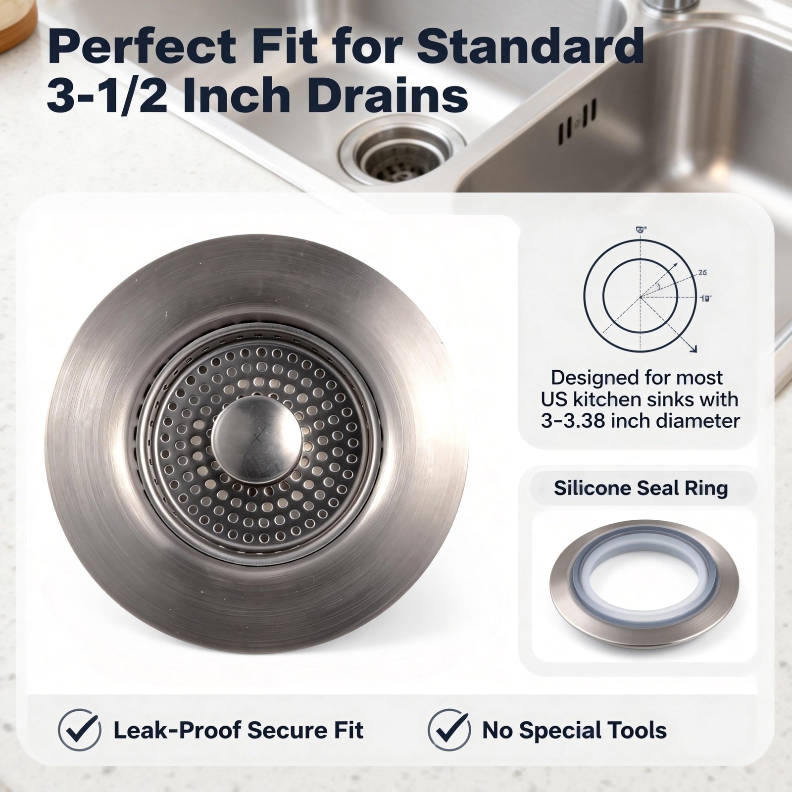 VANCOCO Kitchen Sink Drain Strainer 3-in-1 Pop Up Design, 304 Stainless Steel wi