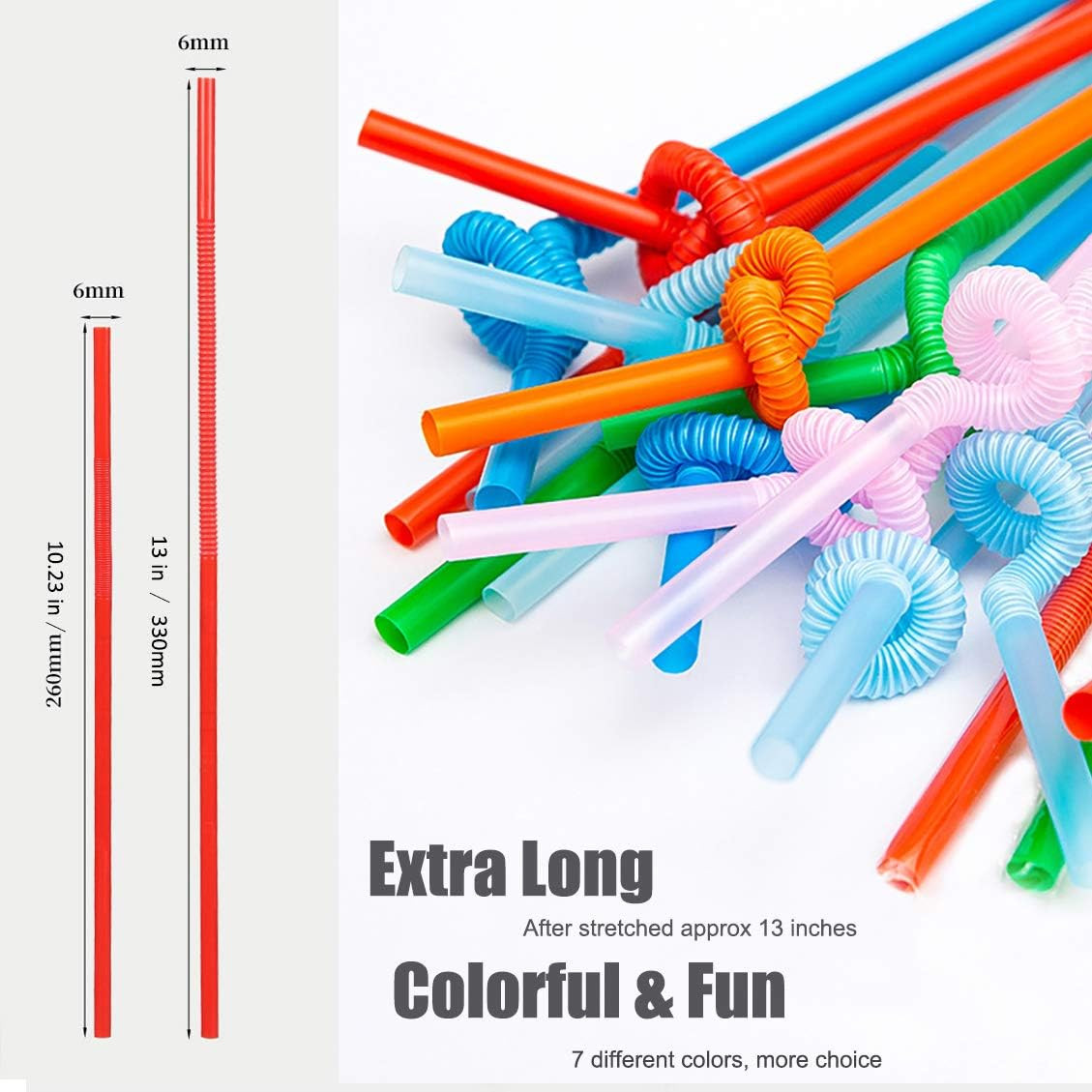 ALINK 200 PCS Flexible Plastic Drinking Straws, 10.2 Inches Extra Long Colorful
