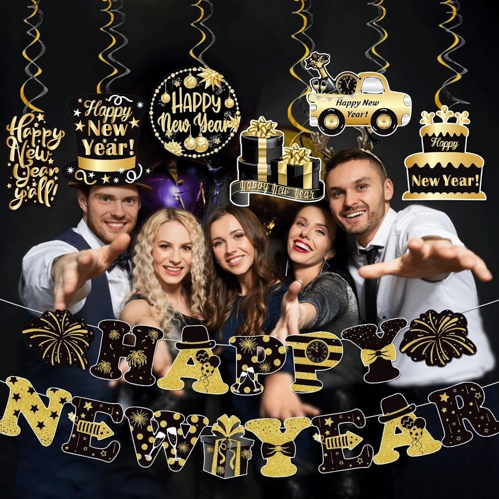 Happy New Year Banner 2026 with New Hanging Decorations Happy New Year