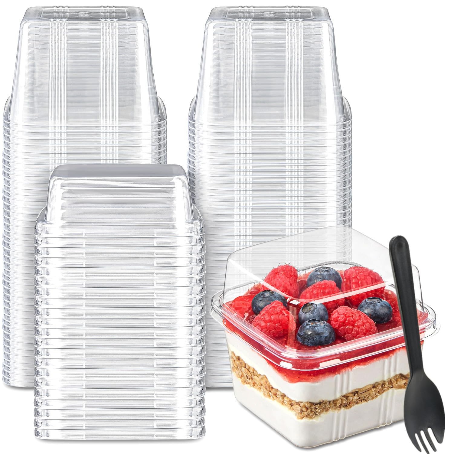 50 PCS 8 oz Square Plastic Dessert Cups Lids Spoons Yogurt Parfait Containers