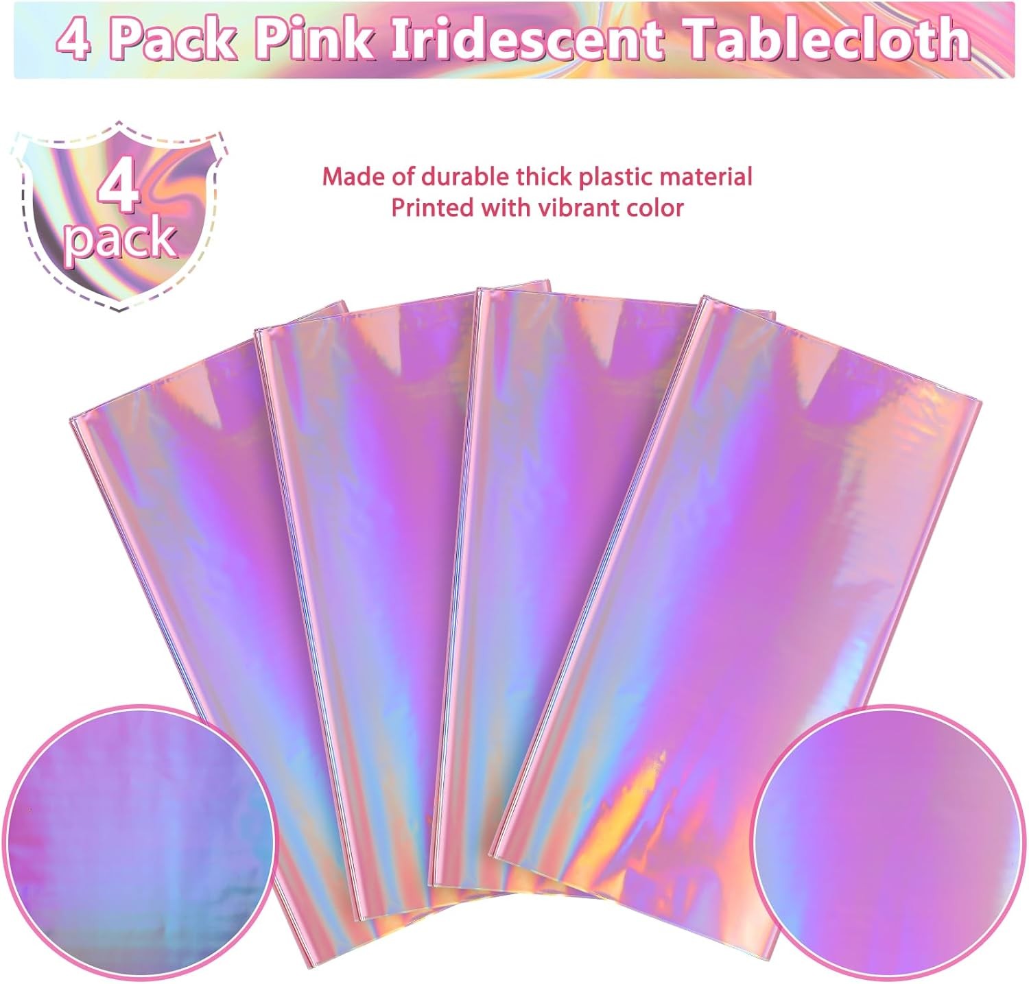 4 Pack Iridescent Pink Plastic Tablecloths, Shiny Disposable Laser Rectangle