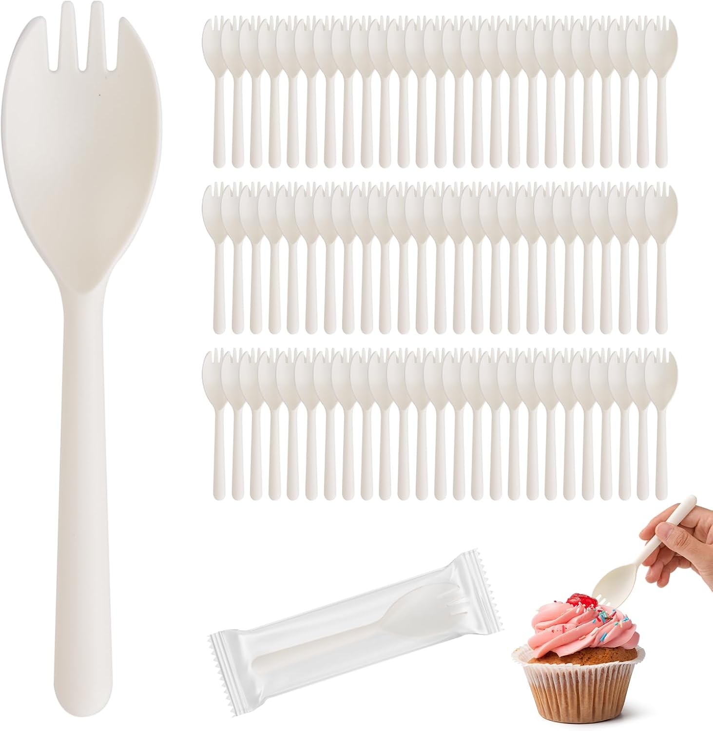 100Pcs Medium Disposable White Sporks 5.4 Inch Individually Wrapped Plastic Fork