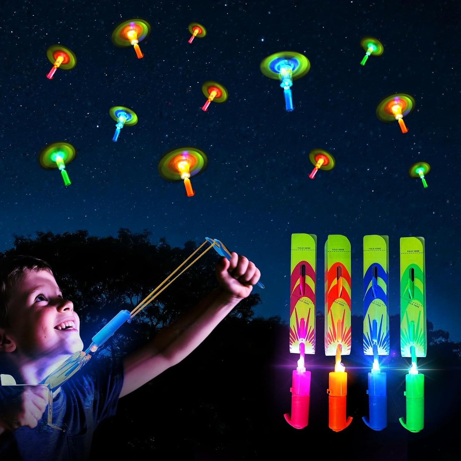 LED Flying Set with Whistle, 25 Slingshot+25 Glow Helicopter, Flying Toy Outd…