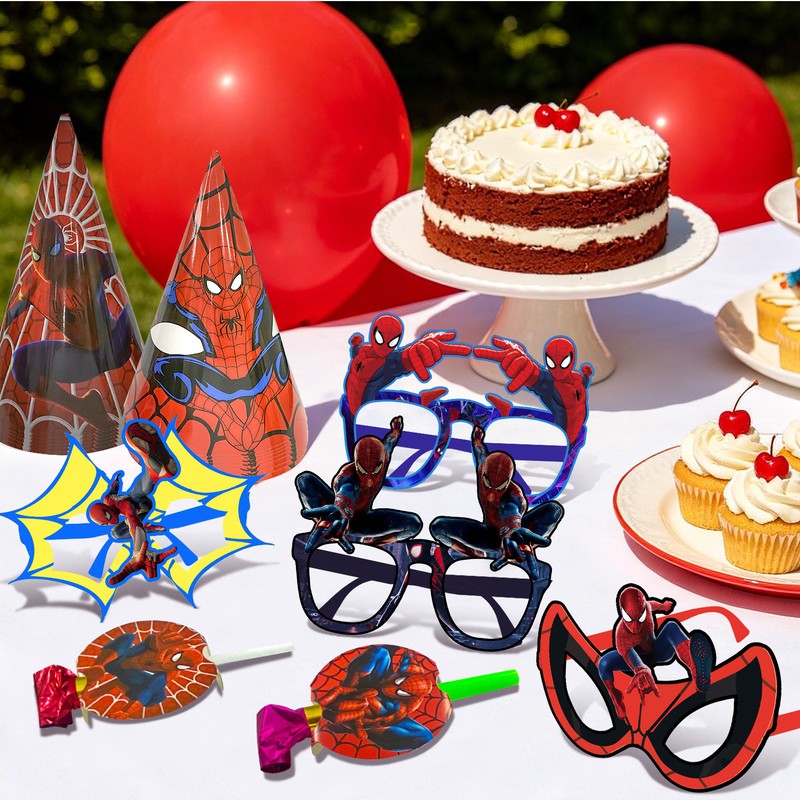 36 Pcs Spider Man Party Favors Marvel Birthday Cake Hat Blowout Photo Booth Prop