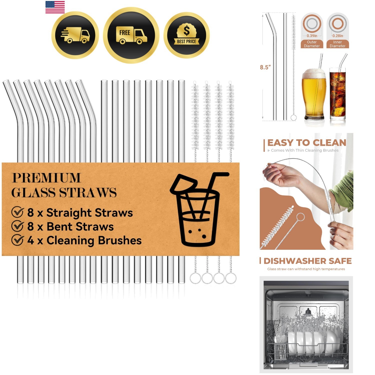 20 Packs Reusable Glass Straws Set, 8.5” x 10mm Clear Drinking Straws for Sm…
