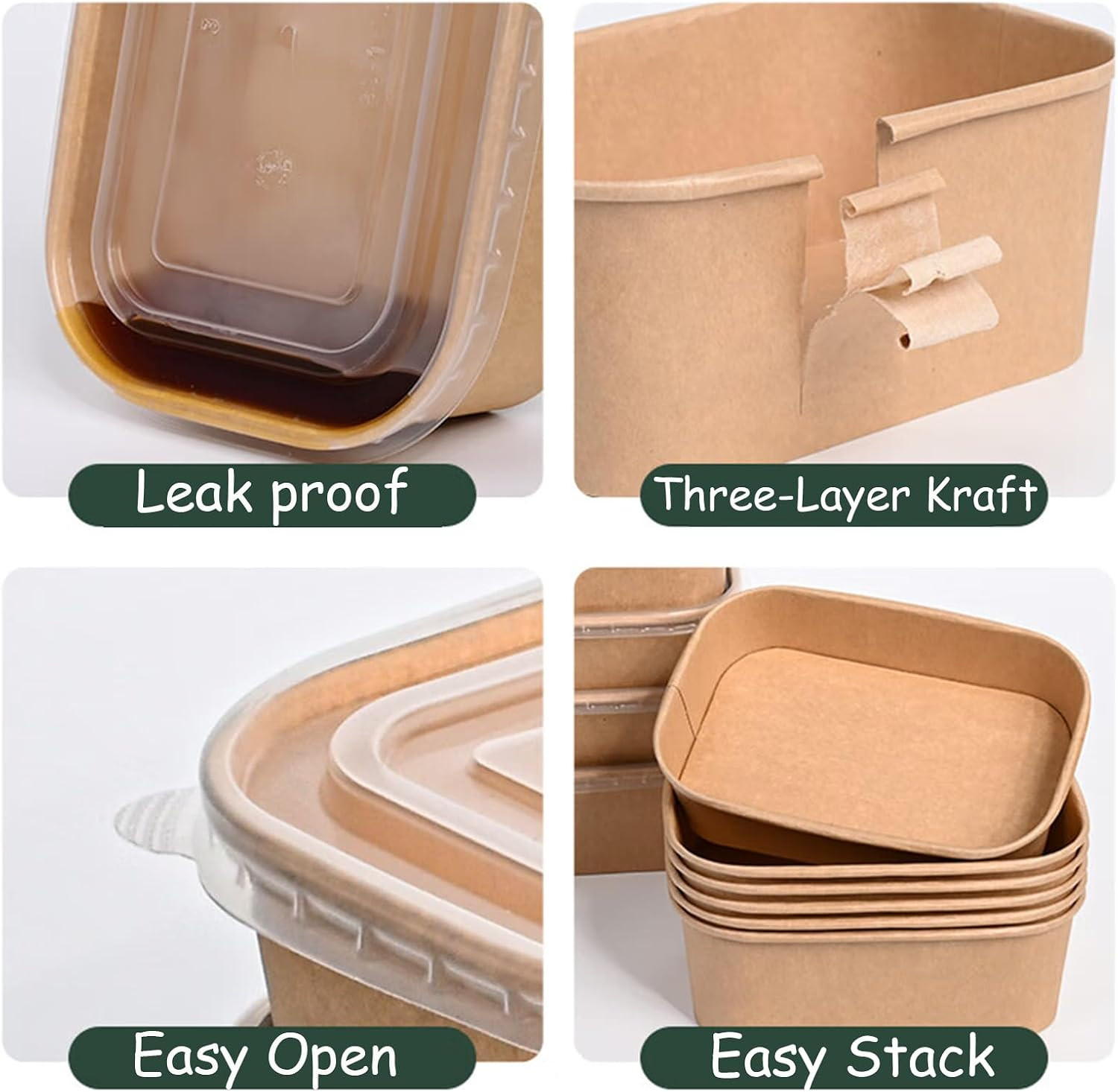 50 Pack 25Oz Kraft Paper Square Bowls, Disposable Take Out Containers with Lids