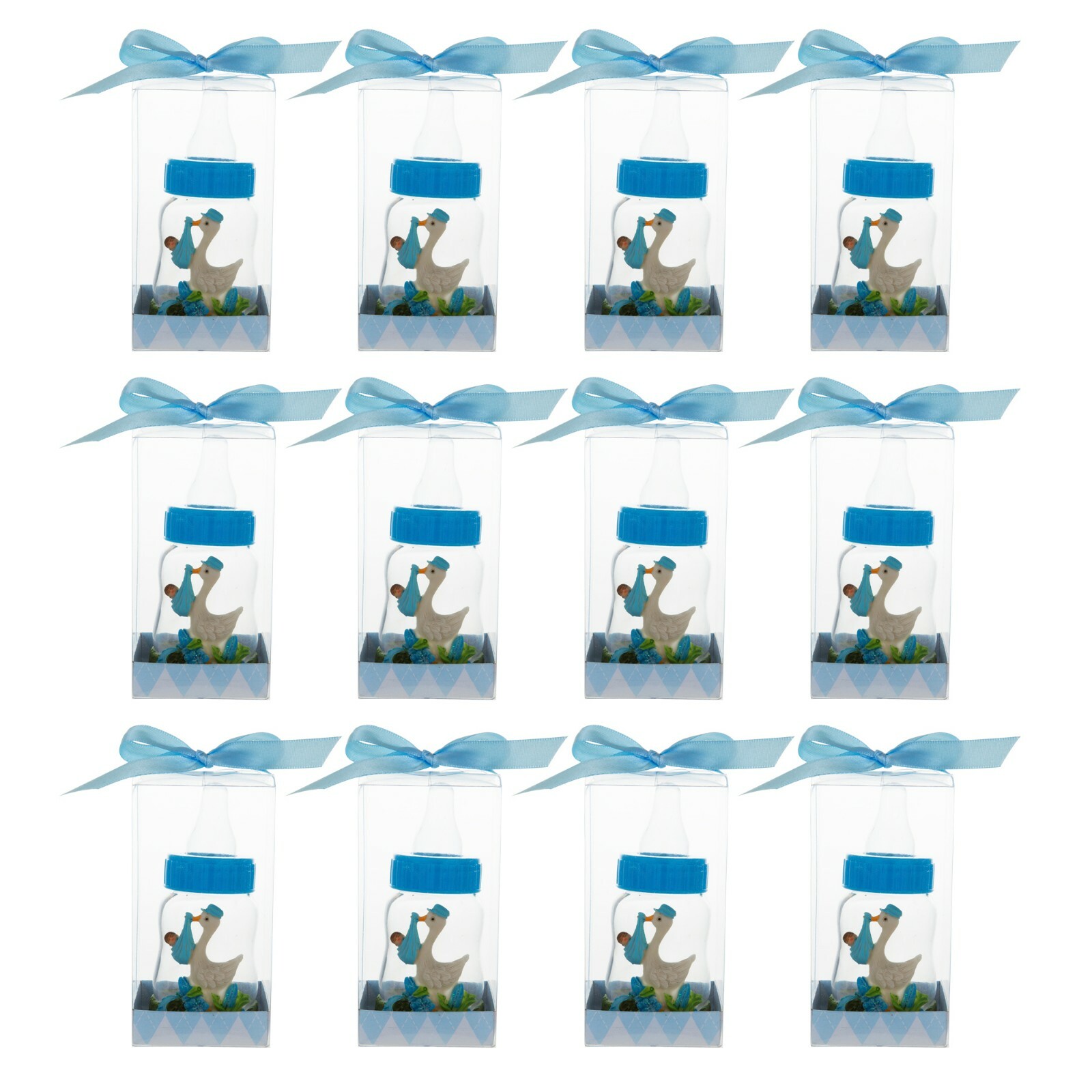 Mega Favors – Stork Carrying Baby Boy on Baby Bottle Poly Resin – Blue, 12PCS