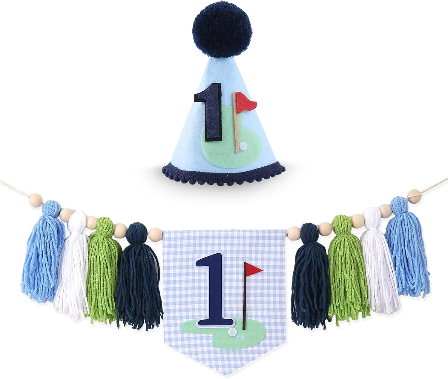Golf 1St Birthday Highchair Banner – Hole in One Theme Blue Gingham One High Cha