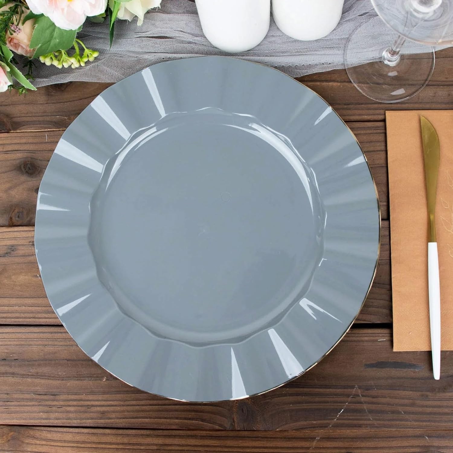 11″ Dinner Plates -Set of 10 – Plastic Dusty Blue Round Disposable Chargers With