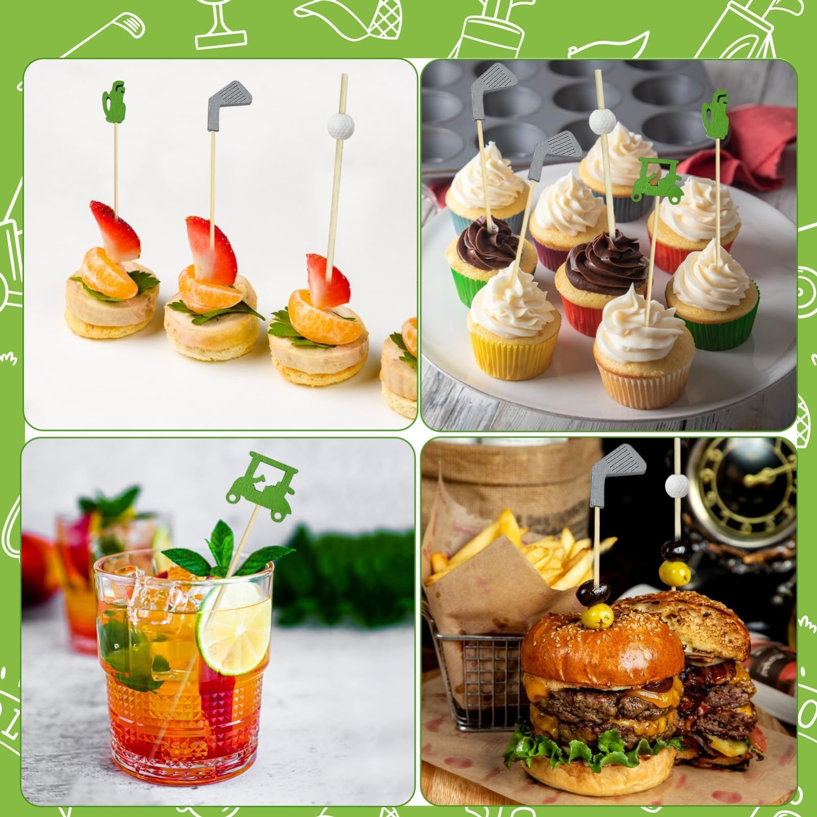 Golf Theme Cocktail Picks, 200Pcs Sandwich Fruit Toothpicks, White Supplies