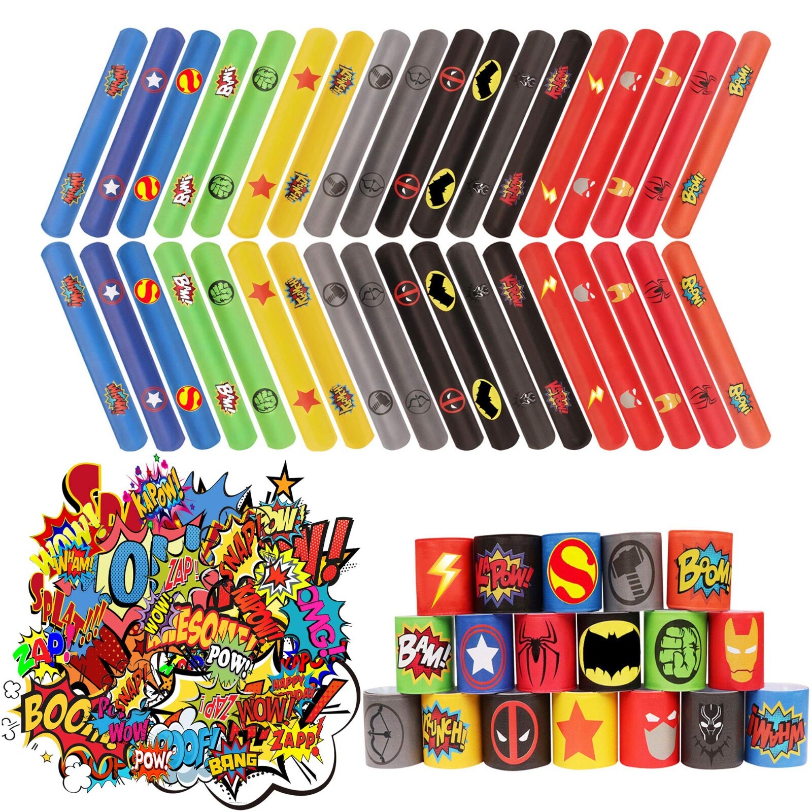 88Pcs Superhero Slap Bracelet w/ Superhero Stickers for Kids Boys & Girls