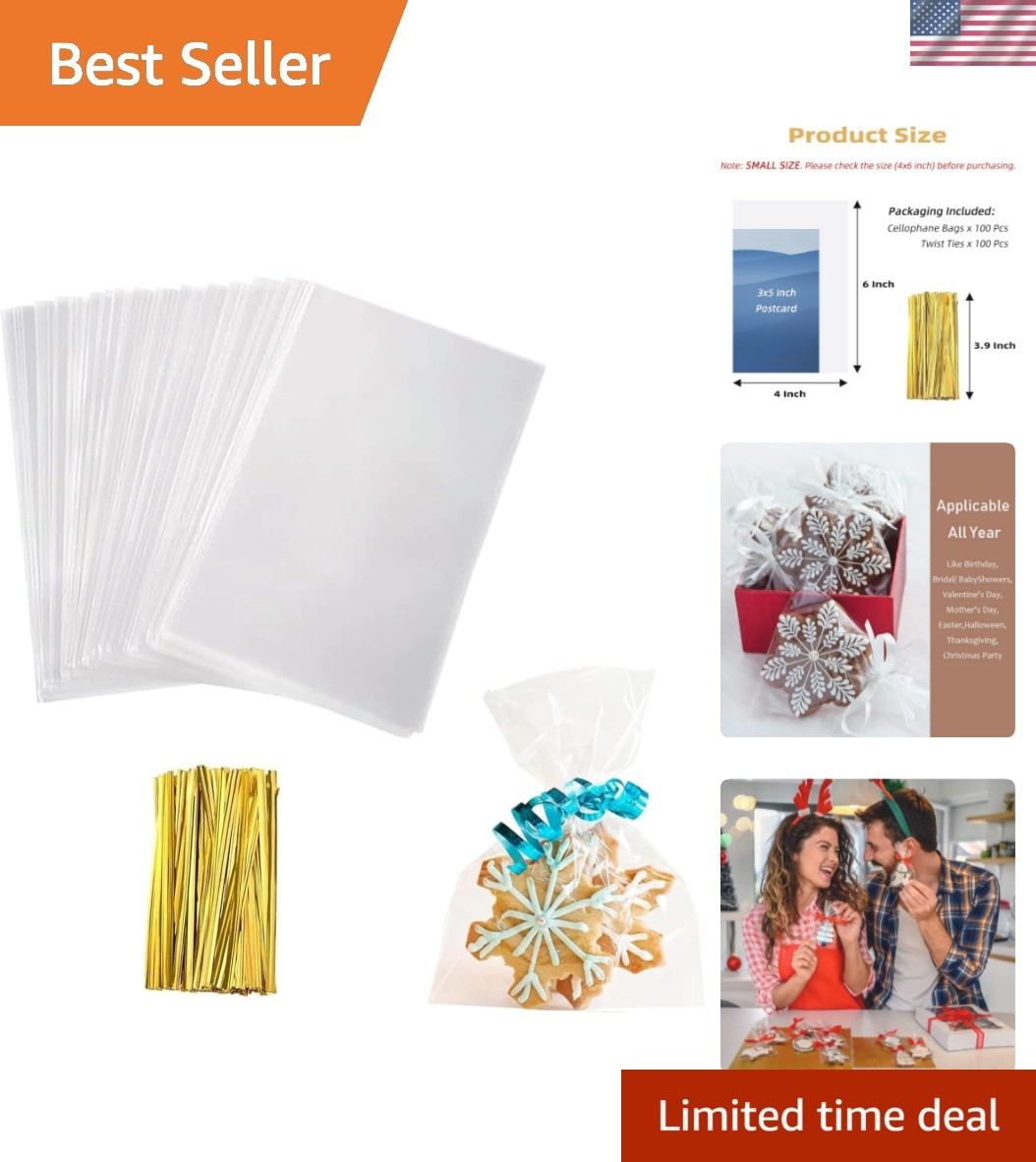 Cellophane Treat Bags, Small 4×6 Inches Cellophane Bags With Twist Ties,100 Pcs