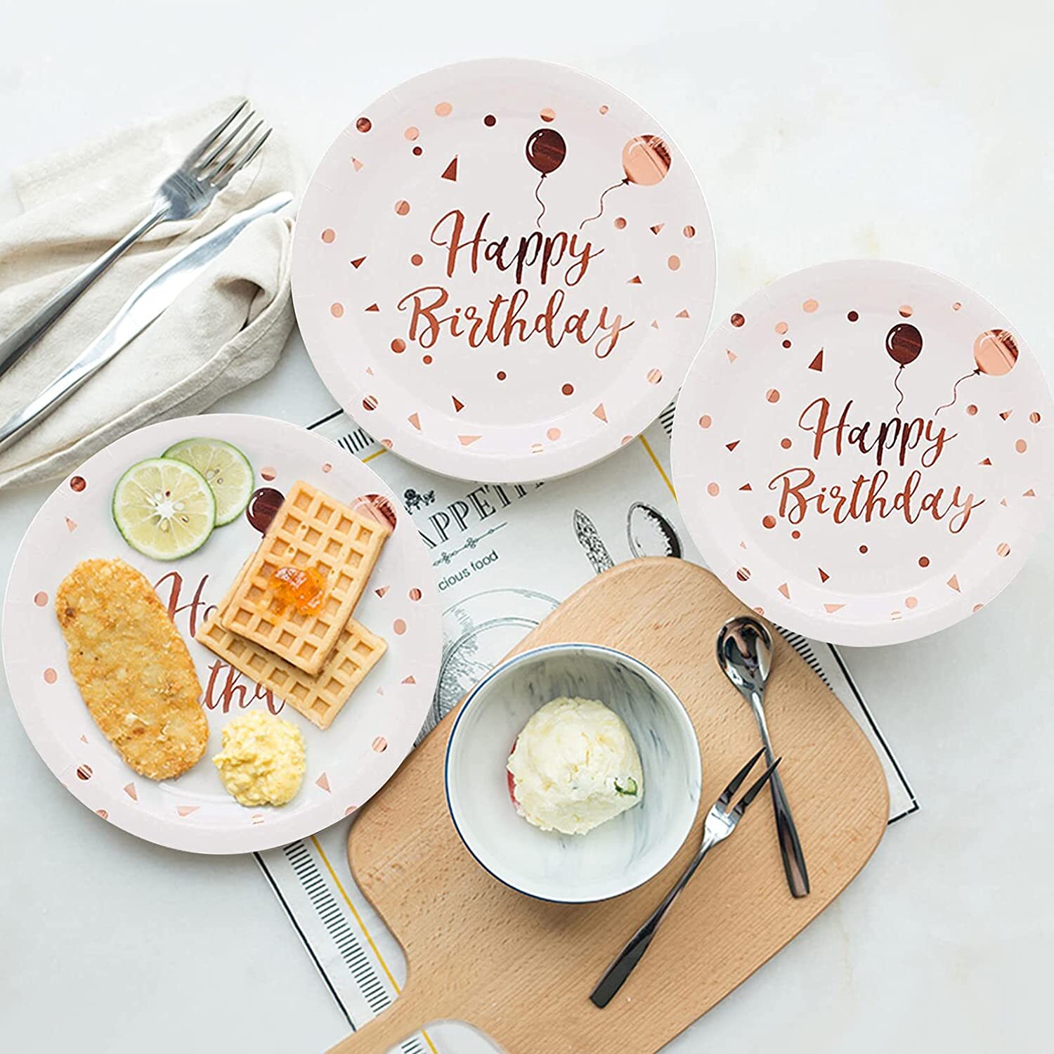 Rose Gold Dots Paper Plates – White & Rose Gold Birthday Party Supplies