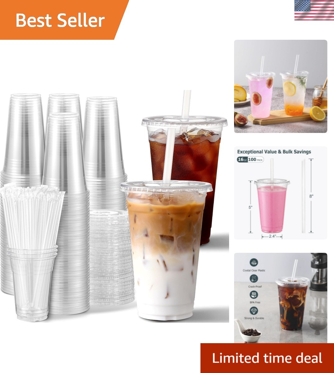 100 Sets] 16 oz Clear Plastic Cups With Lids and Straws, Disposable Cups With…