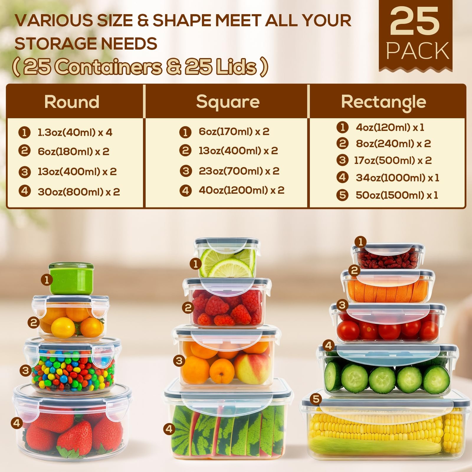 50 PCS Thicker Food Storage Containers with Lids, Clear Stackable Airtight Leakp