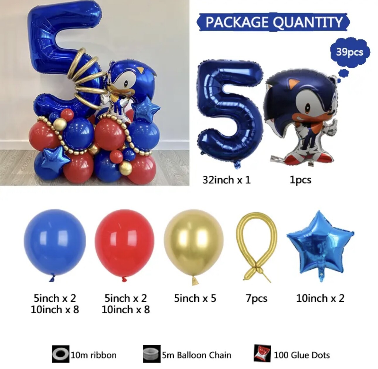 39pcs Sonic The Hedgehog Foil Number Balloons Birthday Decoration Boy Girl Sonic