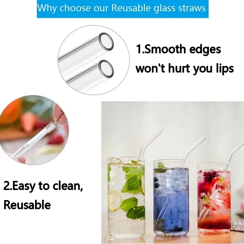 1-10Pcs Reusable Smoothie Glass Straw, Clear Drinking Straws for Smoothie Milksh