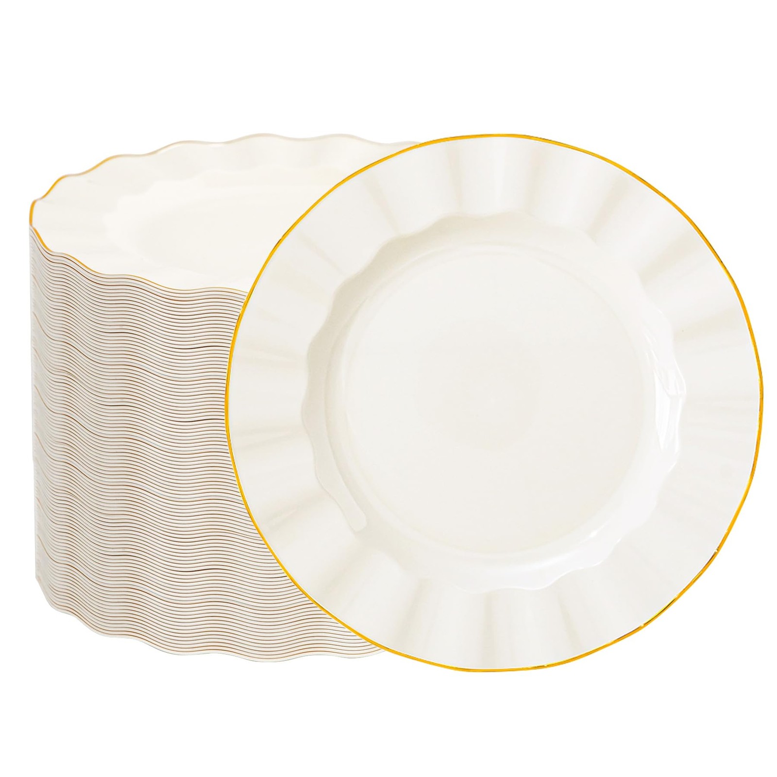 100 Pack Ivory Plastic Plates with Gold Rim, 7in Disposable Wave Edge Dessert…