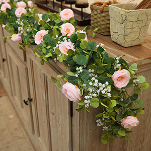 5.91FT Artificial Eucalyptus Garland with Flowers, Fake Rose Gypsophila Garland,