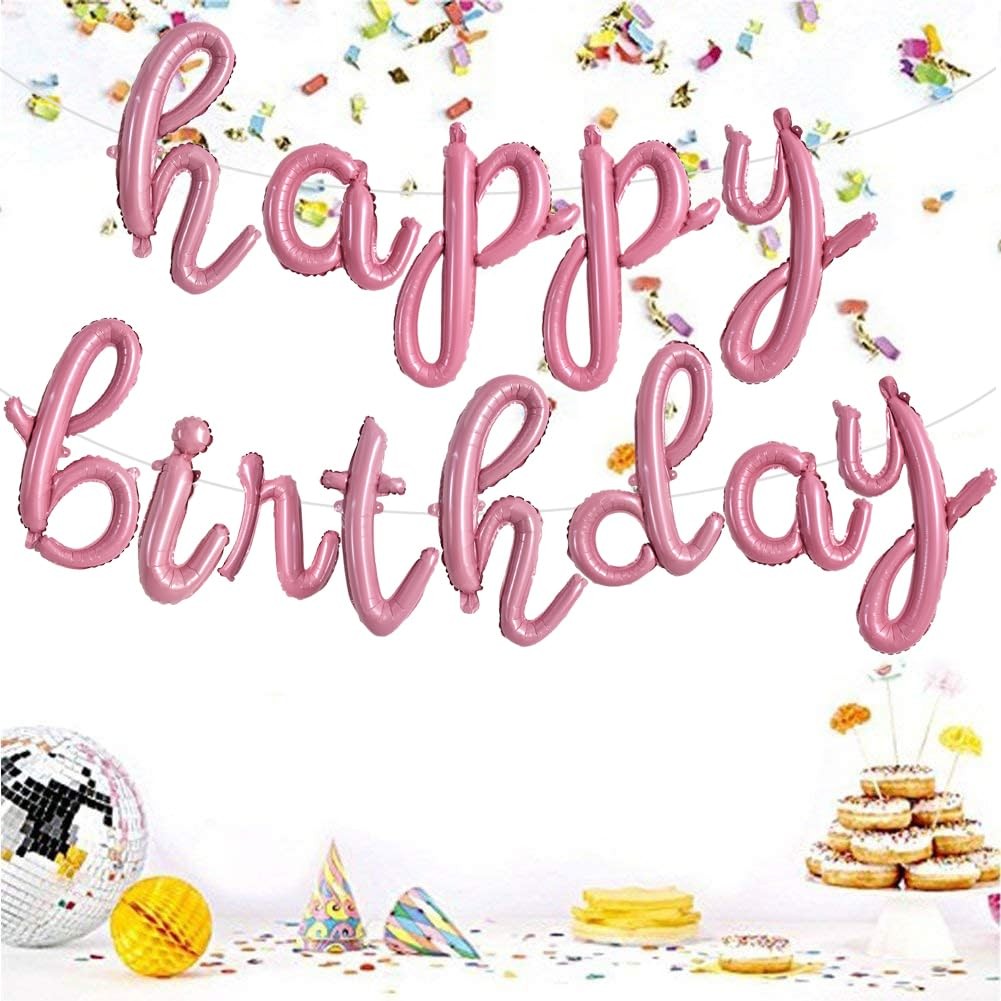 TONIFUL Light Pink Happy Birthday Balloons Banner,Cursive Happy Birthday Ball…