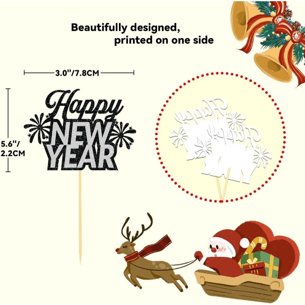 24 PCS Happy New Year Cupcake Toppers, Glitter 2026 Cake Topper for New Years