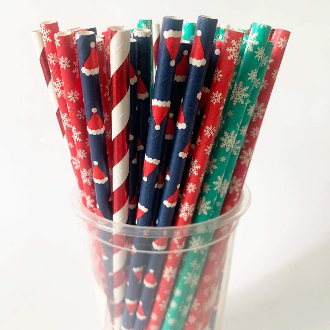 Christmas Paper Straws, Biodegradable Striped One Size, hat