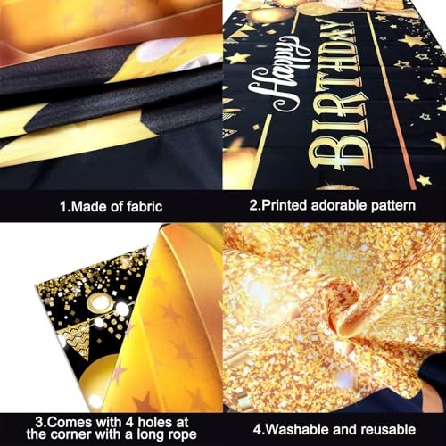 ft Happy Birthday Backdrop Banner – Black Gold Glitter Balloon Theme 7×5