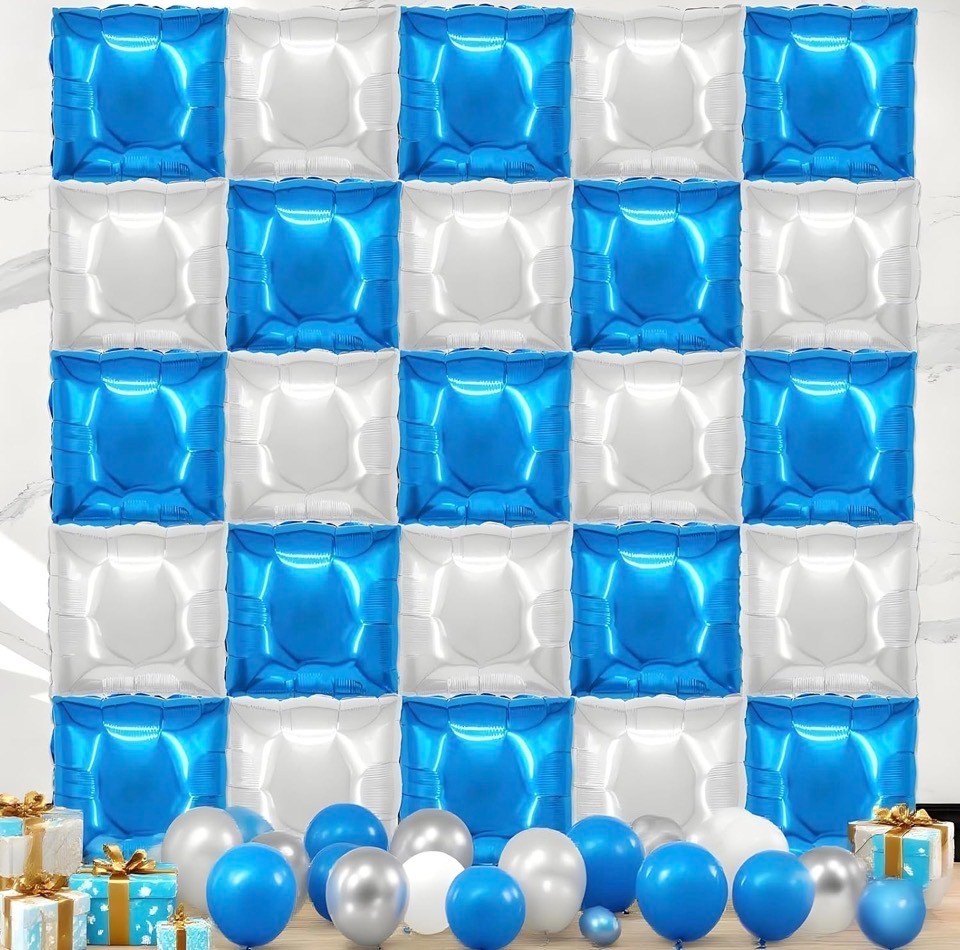 Blue and Silver BALLOON WALL Square Foil Backdrop 50 Pcs Double Sided