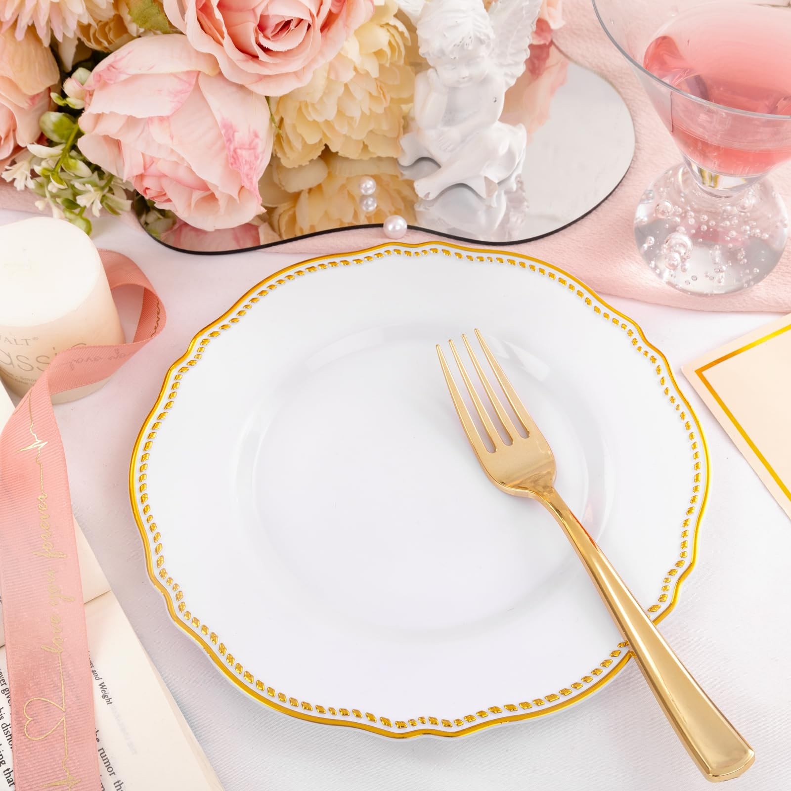 60pcs Gold Plastic Plates – White and Gold Disposable Dinnerware with Gold Ri…
