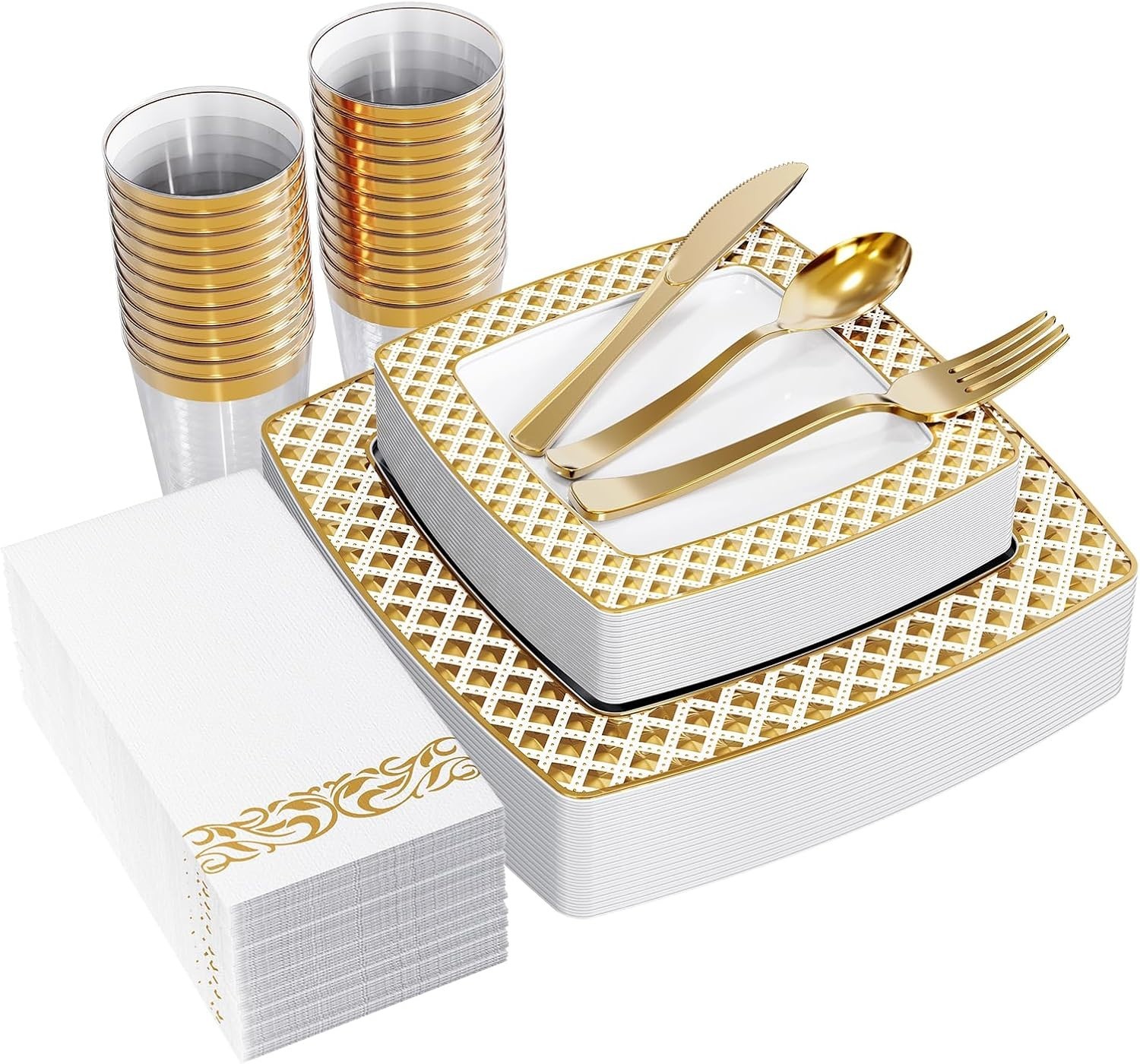 175 Ct Gold Dinnerware Set for 25 Guests – Square Plastic Plates with Diamond Ri