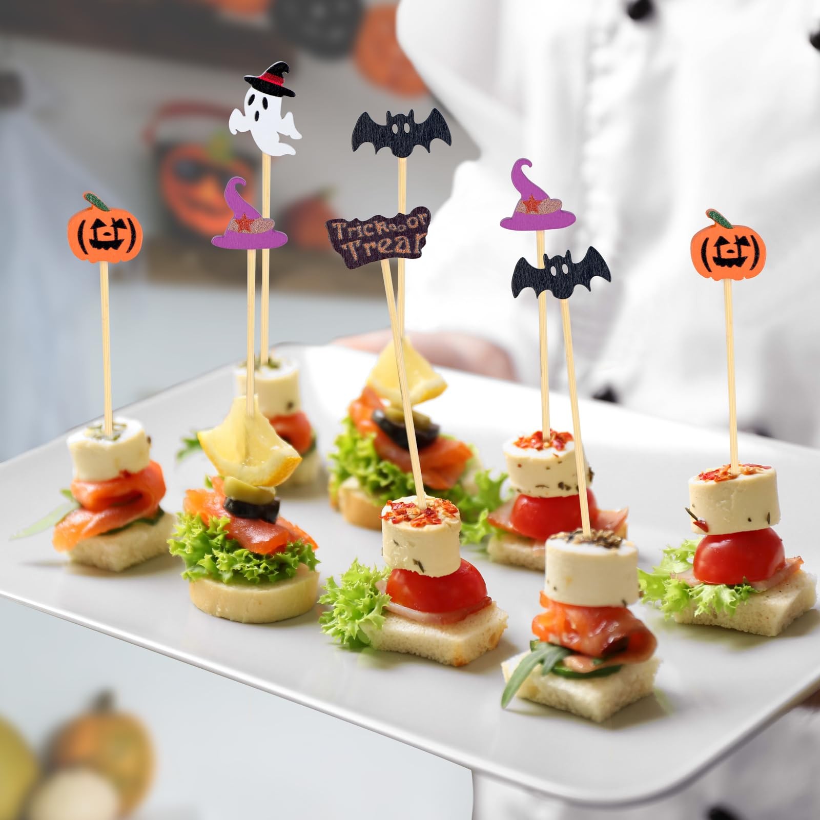 100 Pack Halloween Toothpicks For Appetizers 4.7 Inch Natural Bamboo Cocktail Pi