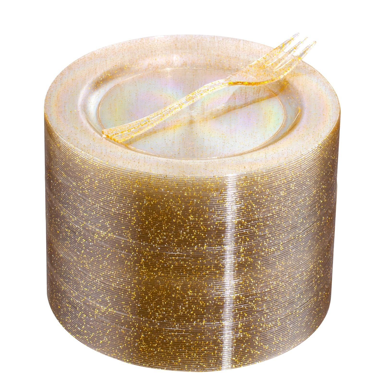 60PCS Gold Glitter Dessert Plates and 60PCS Plastic Forks, 6.3 inch Disposabl…