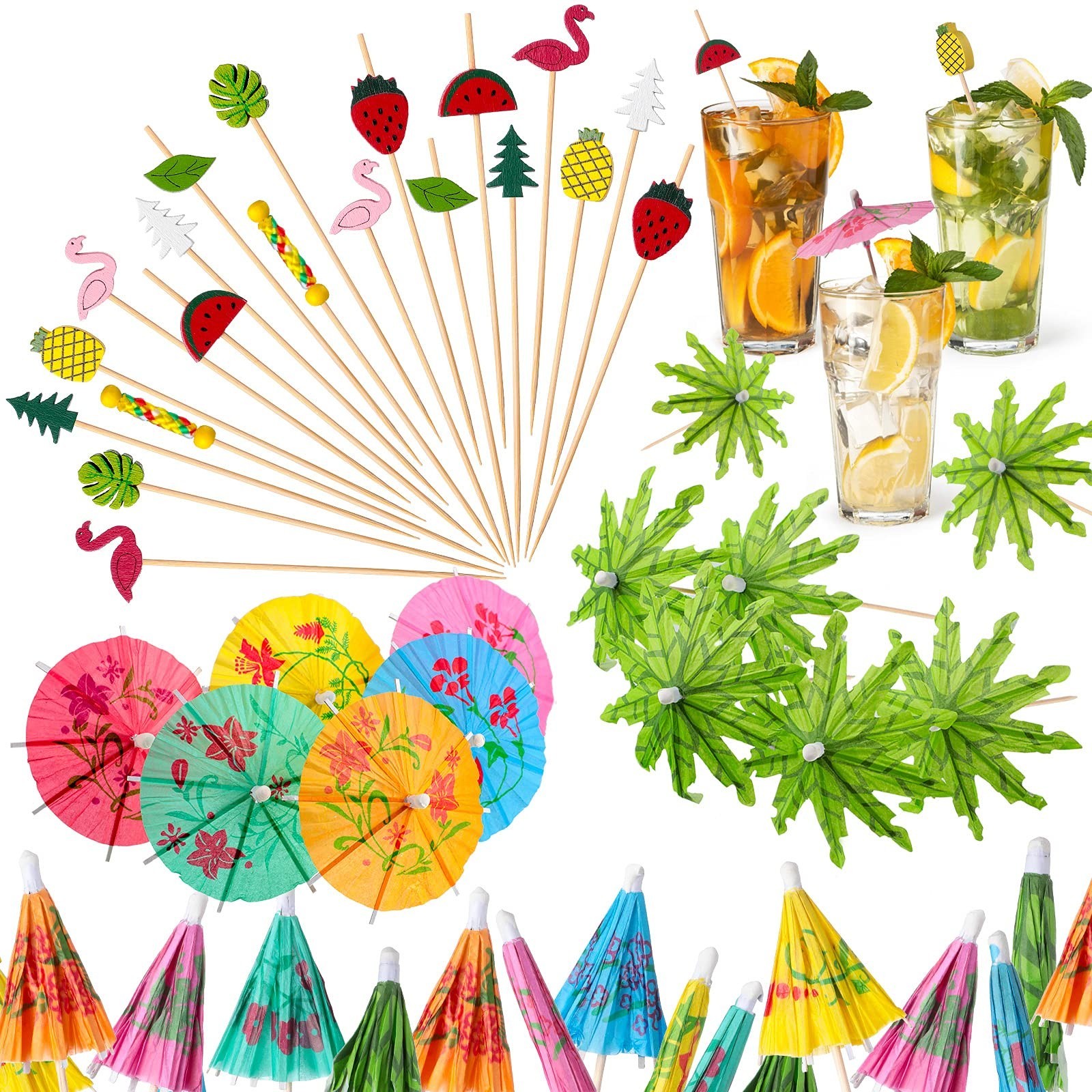 160 Cocktail Umbrellas 100 Bamboo Picks,4.7 Inch,Beach White Supplies, Colorful