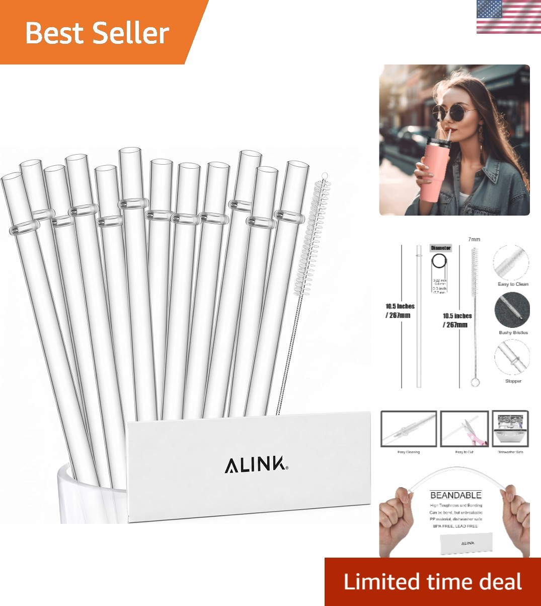 12 Clear Replacement Drink Straws – BPA-Free, Dishwasher Safe for 16-32 oz Cups