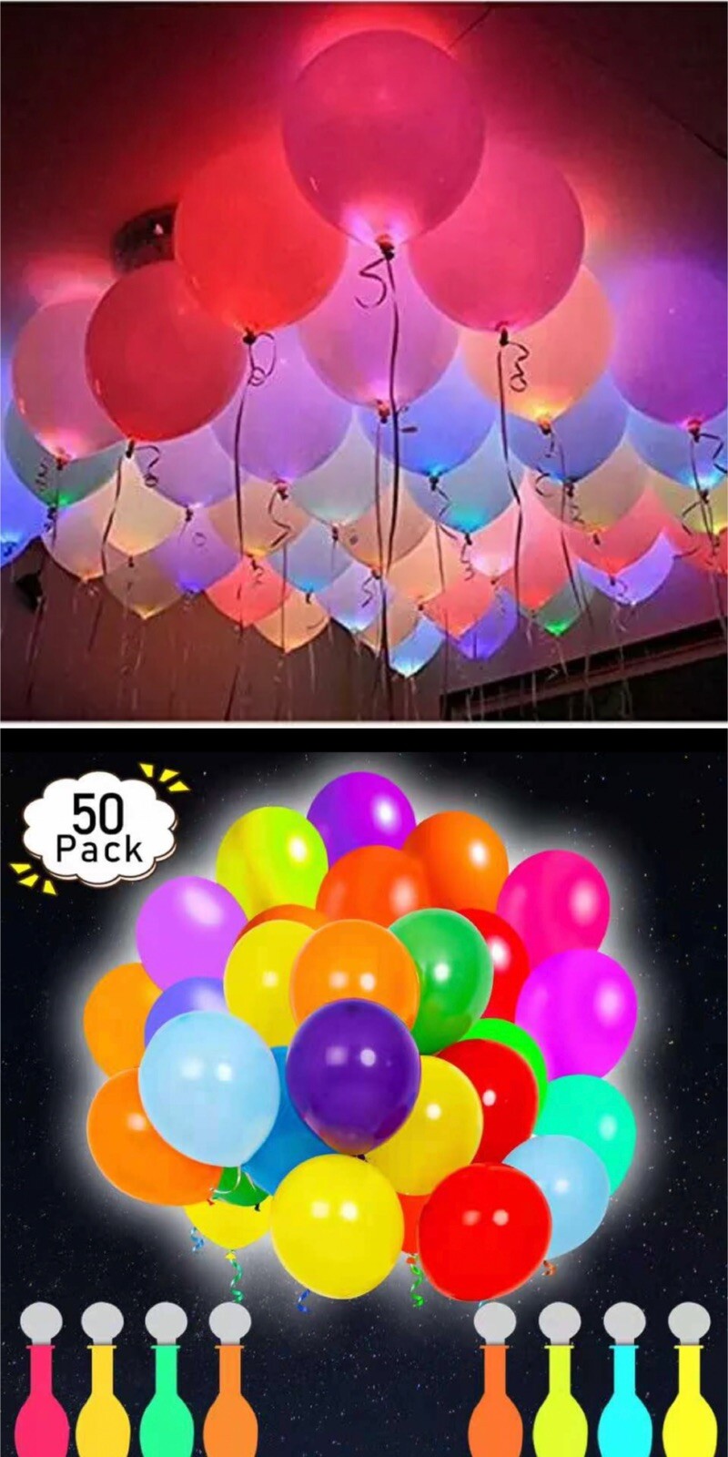 50 Pack Neon LED Balloons – Light Up Balloon PERFECT PARTY Decoration Wedding