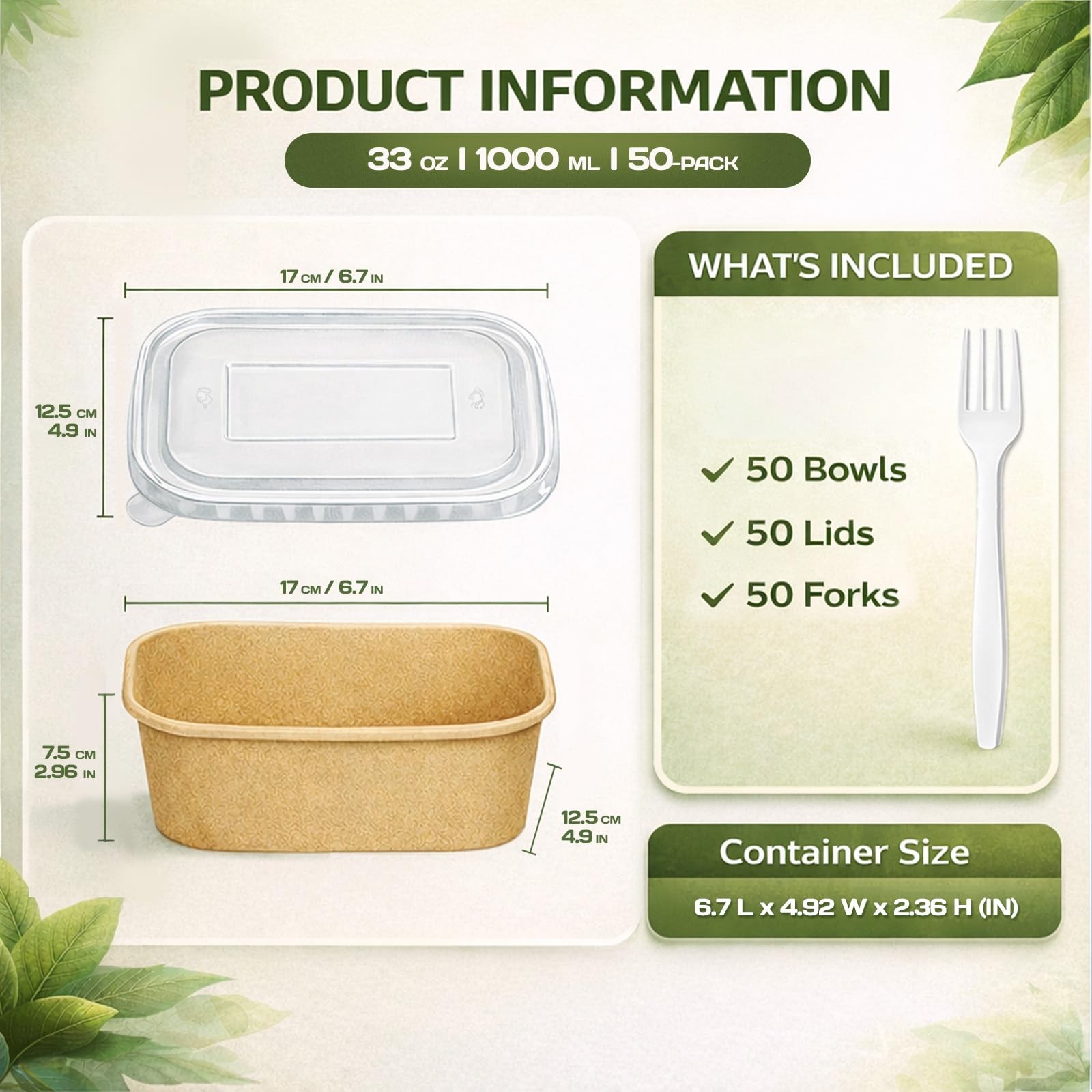 50 Pack 33 OZ Disposable Meal Prep Containers with Lids and Forks, Large Kraf…