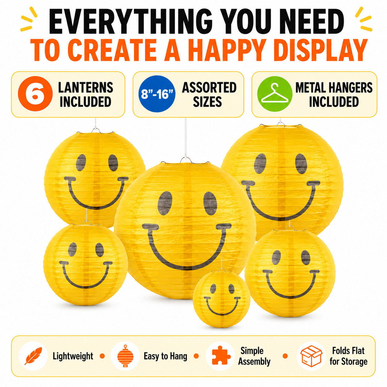 Yellow Smile Happy Face Paper Lanterns 6 Pc 8-16 In Retro Party Hanging Decor