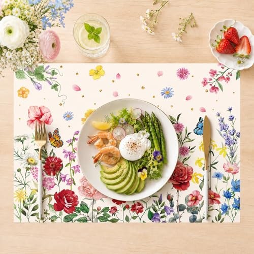 50 Pack 14.6×10.3 Inch Floral Disposable Paper Placemats Wildflower Butterfly
