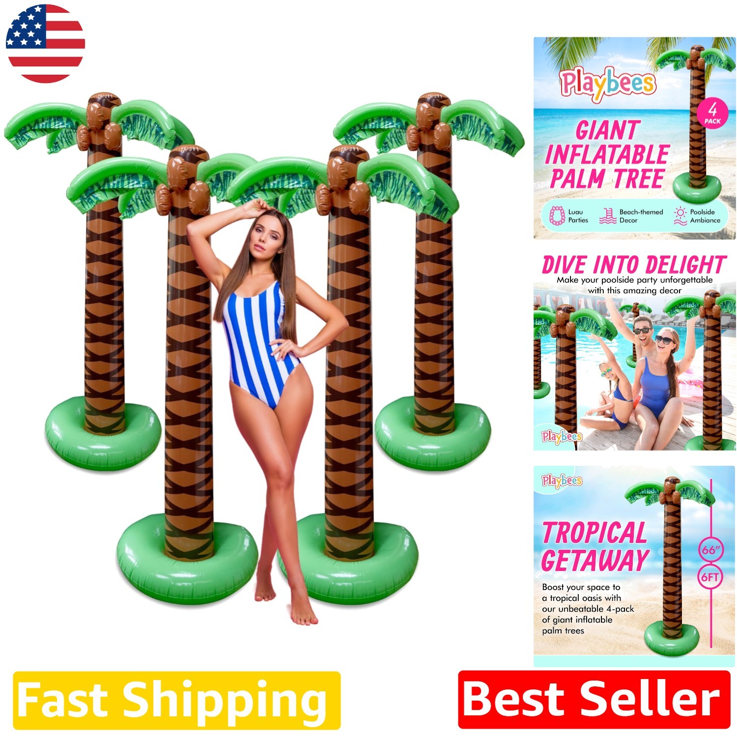 6FT Inflatable Palm Tree 4 Pack – Summer Luau Pool Party Blow Up