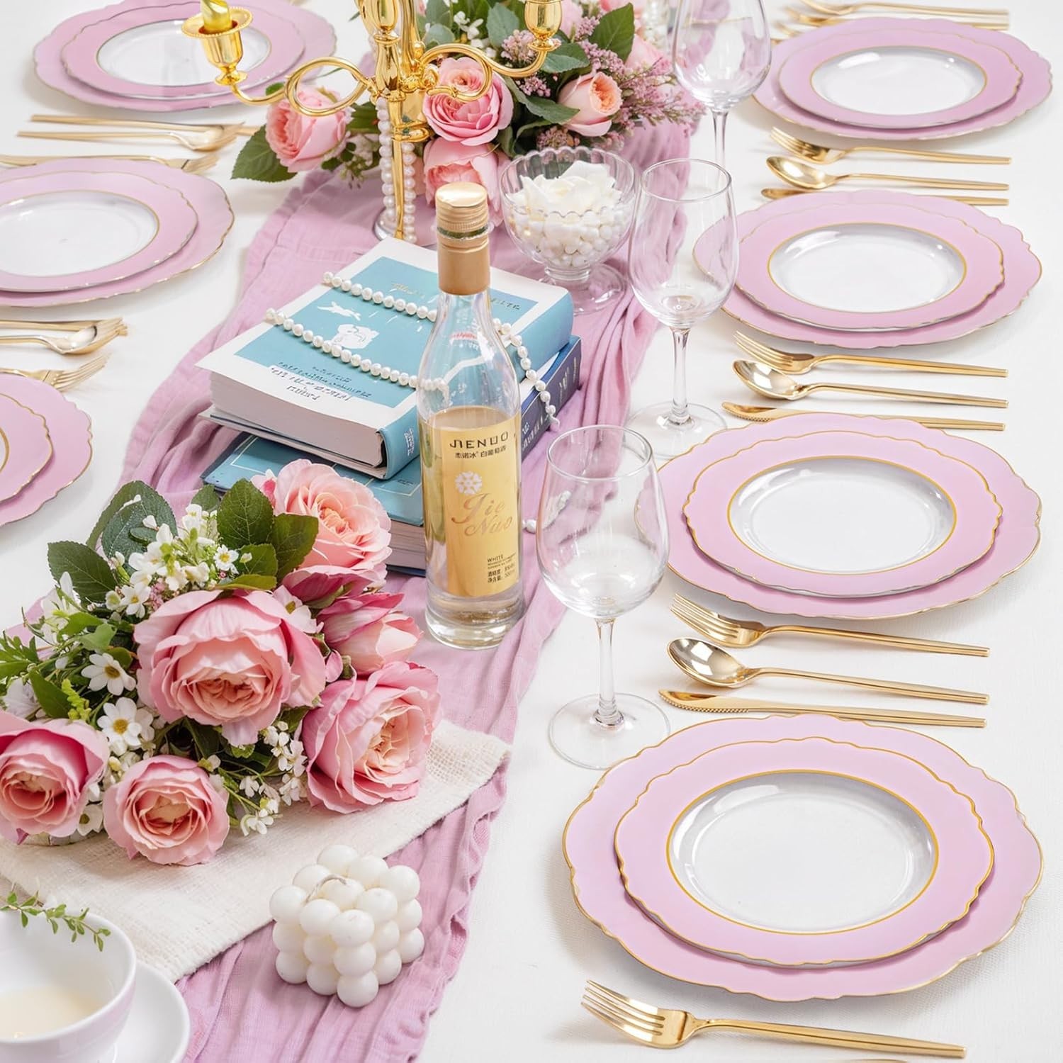 60Pcs Pink Plates Disposable with Gold Rim – Baroque Clear Pink and Gold Plas…