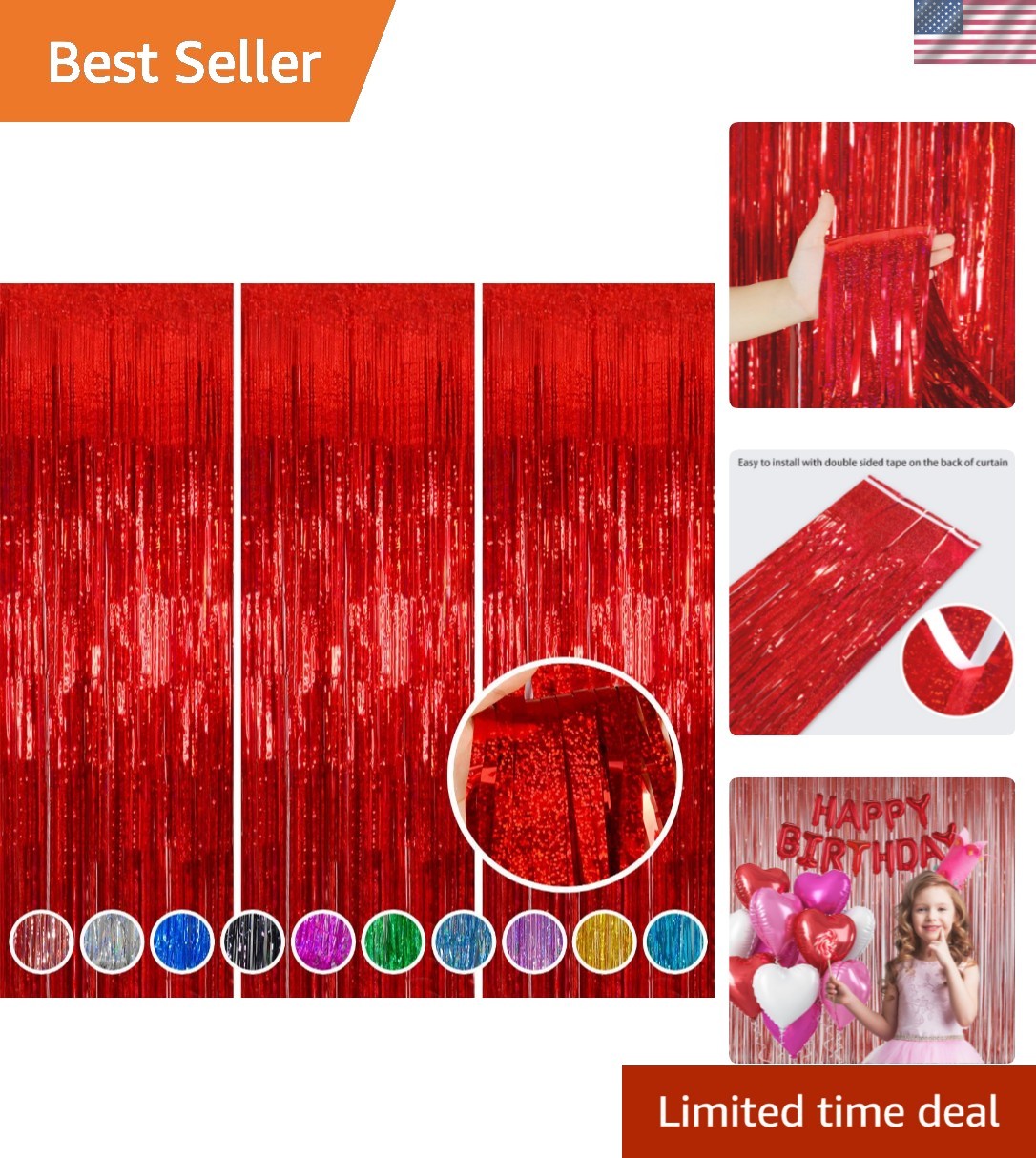 Red Foil Fringe Curtains 3 Pack 3.2 x 8.2 ft Shiny Tinsel Backdrop for Birthd…