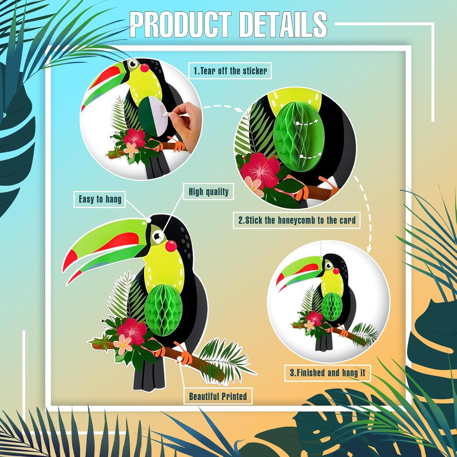 6 Pieces Tropical Birds Honeycomb Cutouts, Large Parrot Hanging Decor Parrot Hon