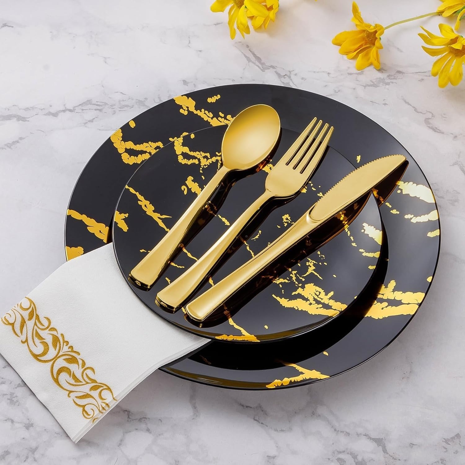 150pcs Gold Plastic Silverware Disposable Cutlery Forks Spoons Knives Party