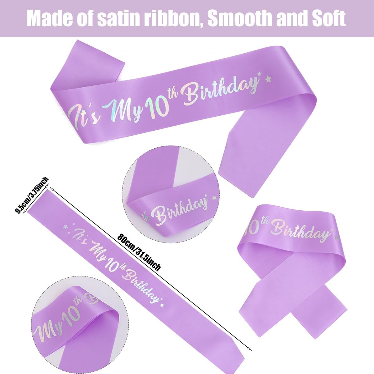 10th Birthday Decorations for Girls,Purple Headband & Glitter Sash Set for 10…