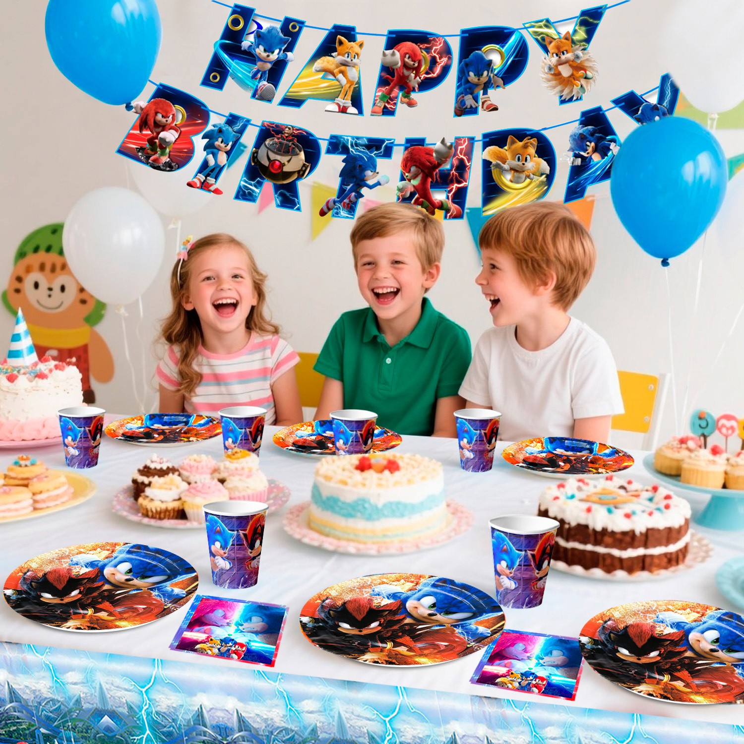 Sonic Party Supplies Tableware 118Pcs Sonic Tablecloth Banner Plates Napkins Cup