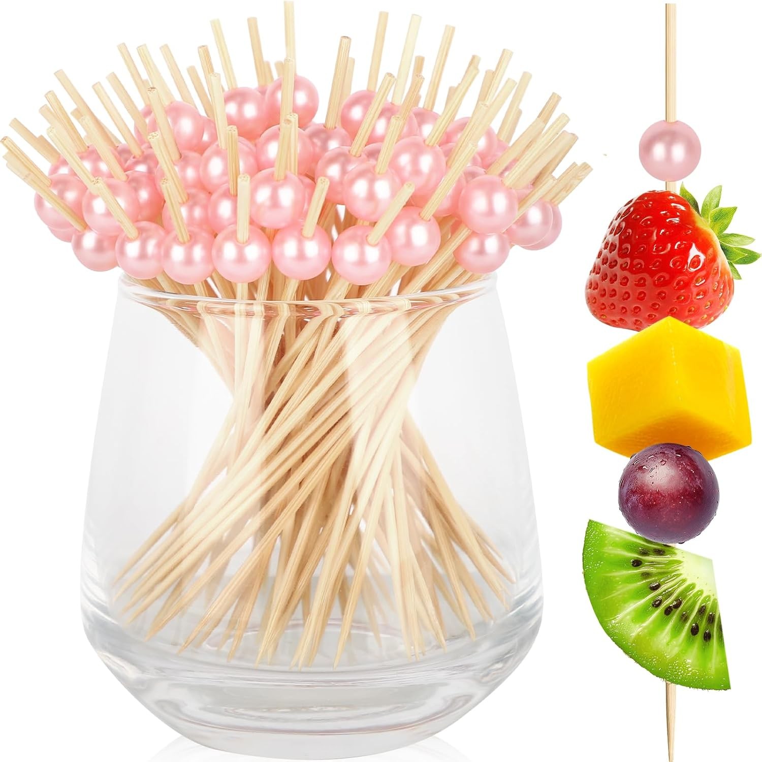 200PCS Cocktail Picks, Pink Pearl Decorative Toothpicks for Appetizers, 4.7 Inch